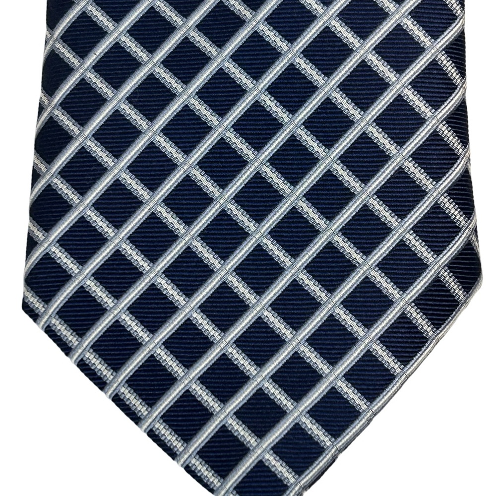 Brooks Brothers 346 Mens Neck Tie 100% Silk Navy and White Grid Geometric Tie - Picture 2 of 4